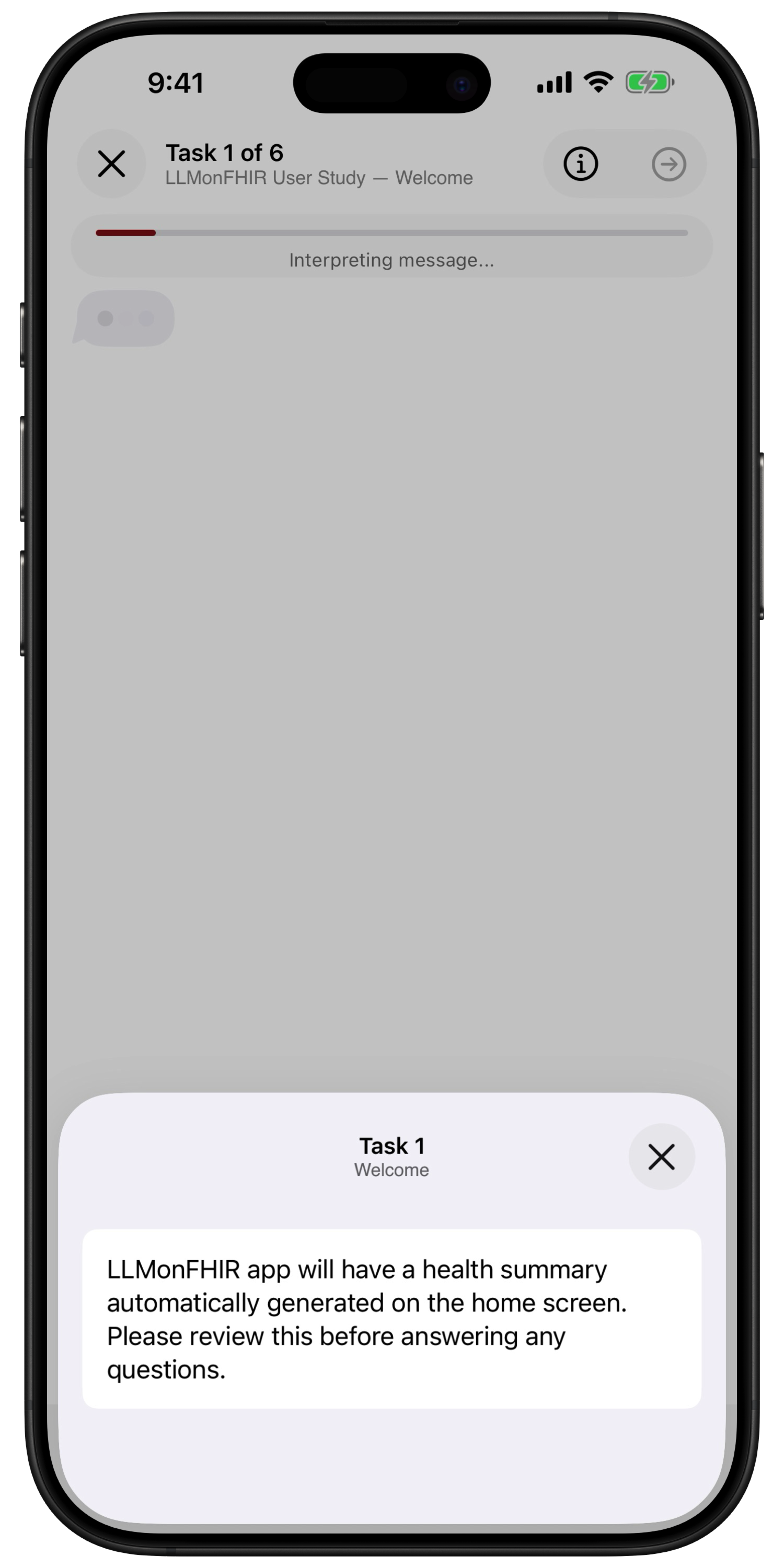 LLMonFHIR research app showing the instructions for the first task in a user study.