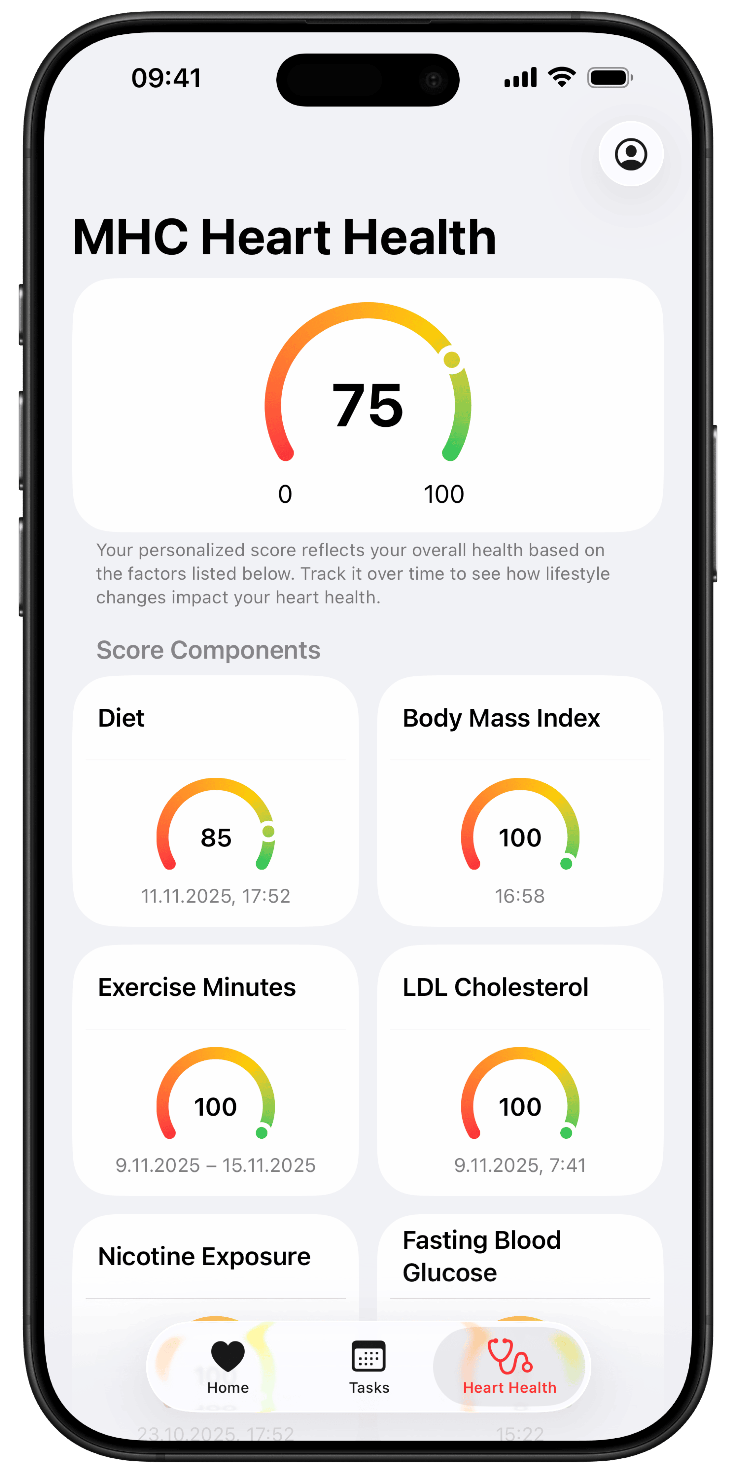 My Heart Counts example dashboard showing a heart health score and its contributing health metrics.
